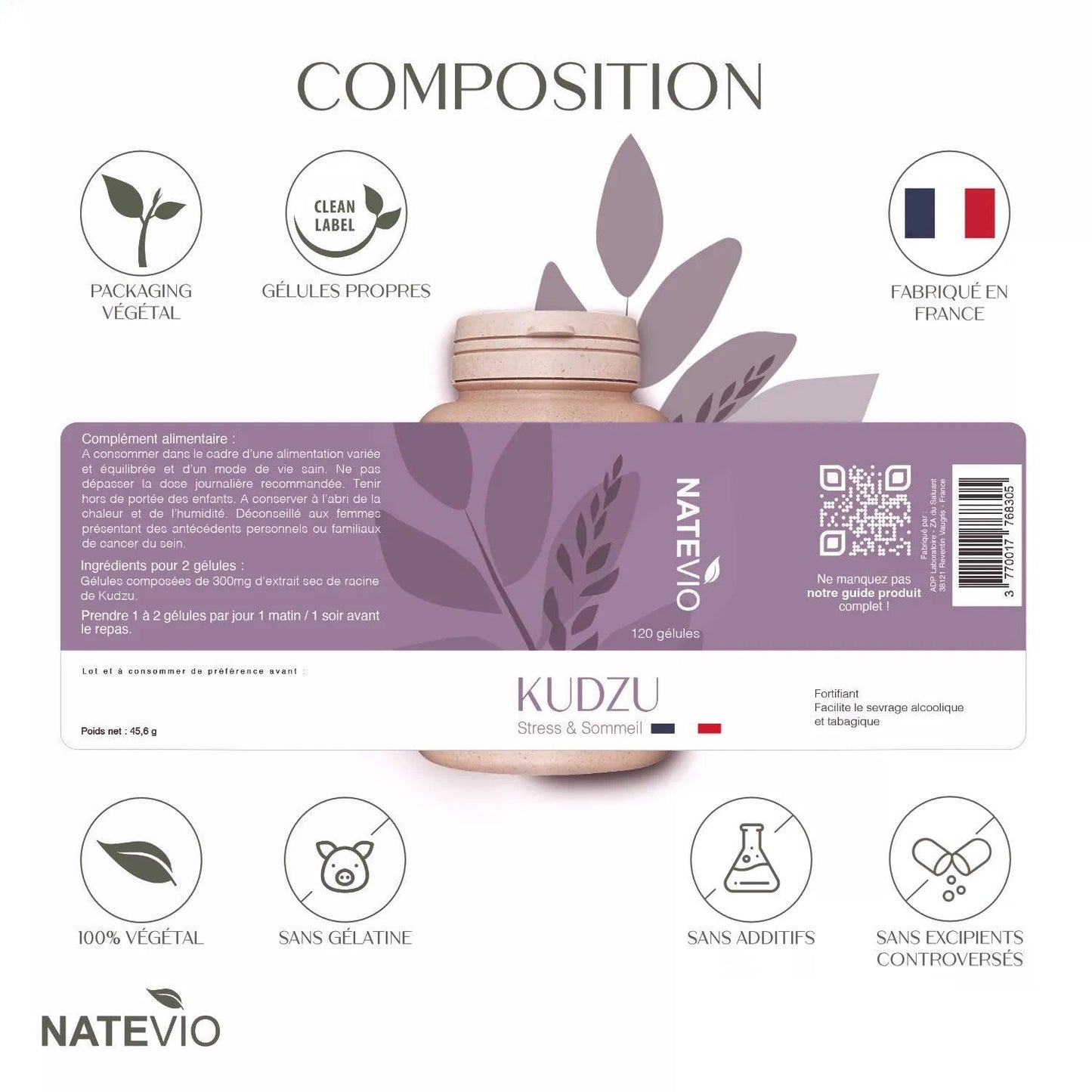 Complément alimentaire gélules Kudzu - Sevrage alcool tabac - 120 gélules NATEVIO Etiquette