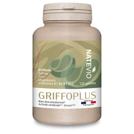 GRIFFOPLUS Natevio – Griffonia, Safran, Magnésium, Zinc & Vitamines B – Équilibre émotionnel, Stress & Bien-être – 120 gélules