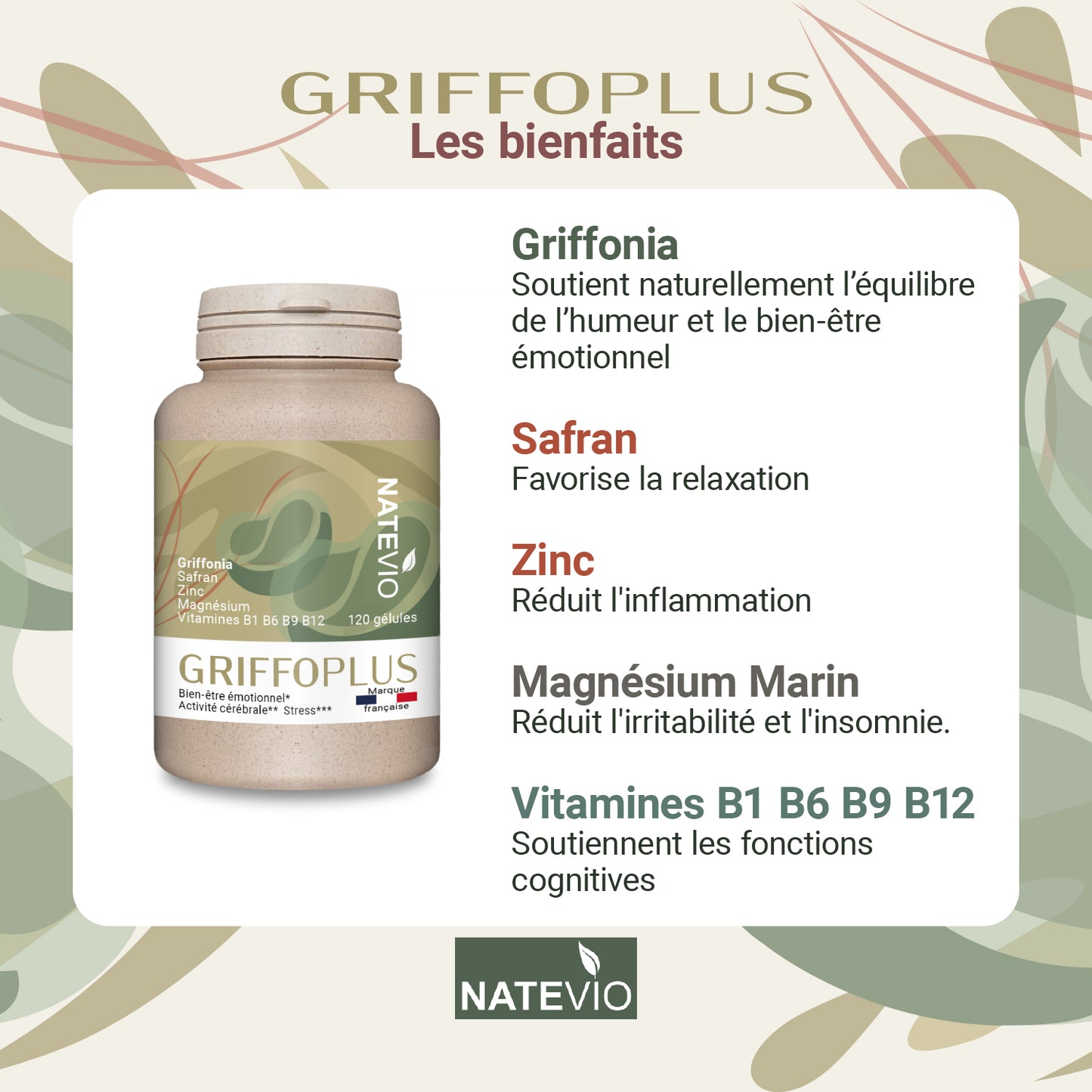 GRIFFOPLUS – Griffonia, Safran et Magnésium – 120 gélules