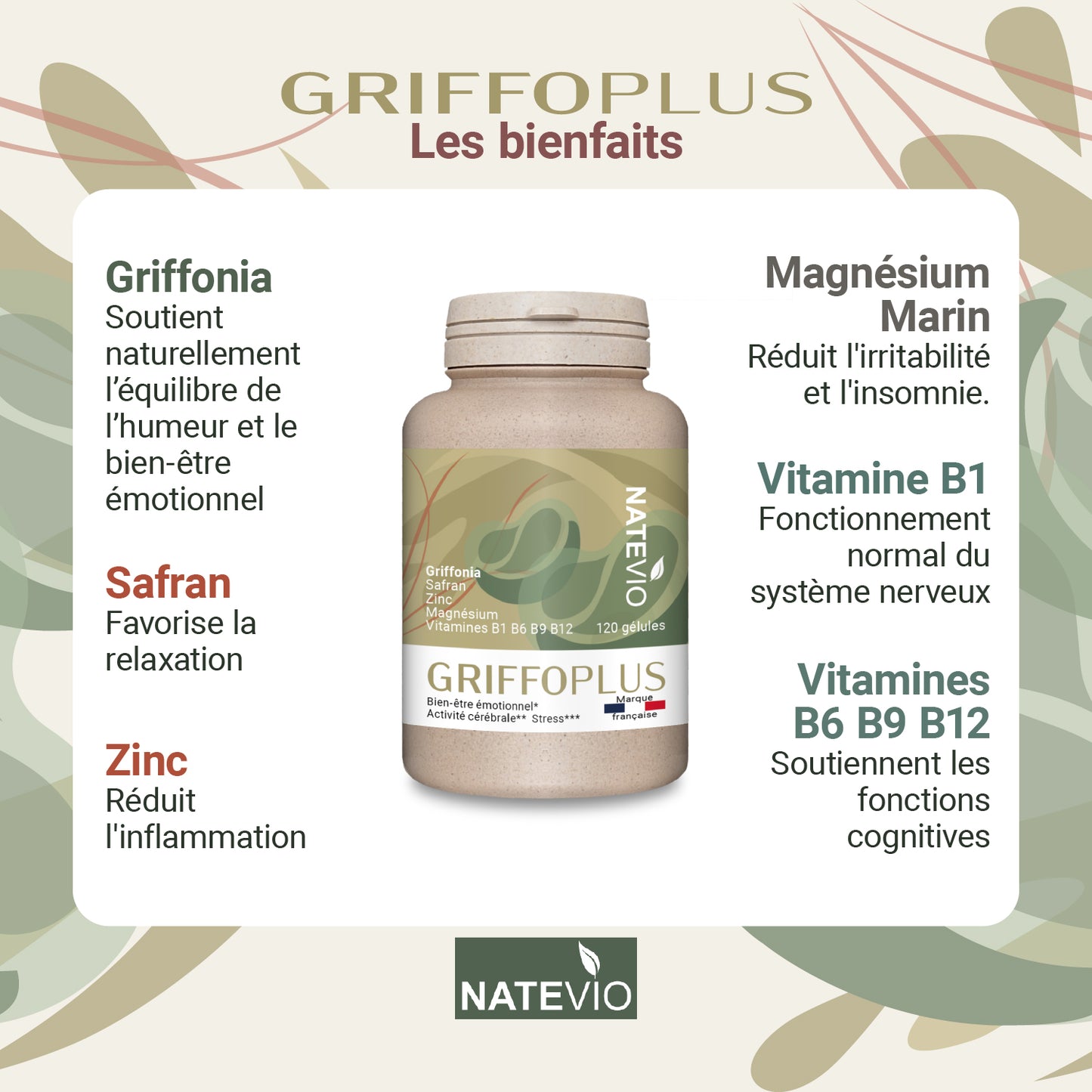 GRIFFOPLUS Natevio – Griffonia, Safran, Magnésium, Zinc & Vitamines B – Équilibre émotionnel, Stress & Bien-être – 120 gélules