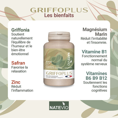 GRIFFOPLUS Natevio – Griffonia, Safran, Magnésium, Zinc & Vitamines B – Équilibre émotionnel, Stress & Bien-être – 120 gélules