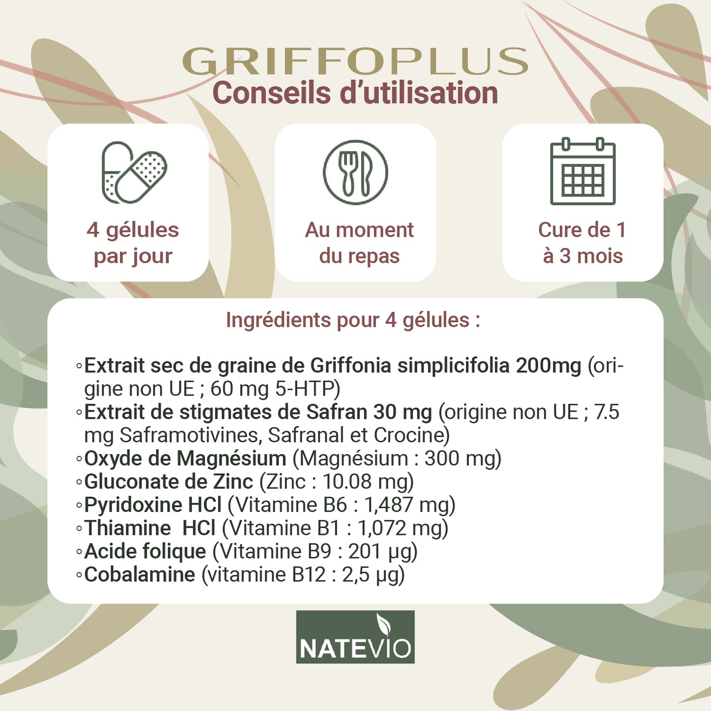 GRIFFOPLUS Natevio – Griffonia, Safran, Magnésium, Zinc & Vitamines B – Équilibre émotionnel, Stress & Bien-être – 120 gélules