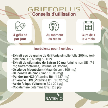 GRIFFOPLUS Natevio – Griffonia, Safran, Magnésium, Zinc & Vitamines B – Équilibre émotionnel, Stress & Bien-être – 120 gélules