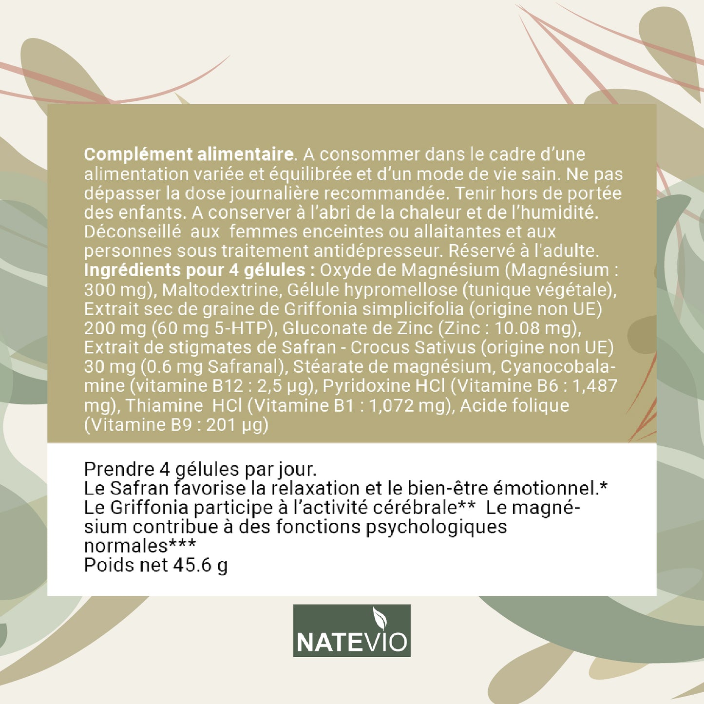 GRIFFOPLUS Natevio – Griffonia, Safran, Magnésium, Zinc & Vitamines B – Équilibre émotionnel, Stress & Bien-être – 120 gélules