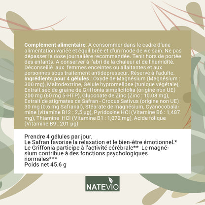 GRIFFOPLUS Natevio – Griffonia, Safran, Magnésium, Zinc & Vitamines B – Équilibre émotionnel, Stress & Bien-être – 120 gélules