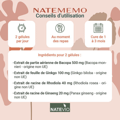 NATEMEMO Bacopa Rhodiola Gingko Ginseng