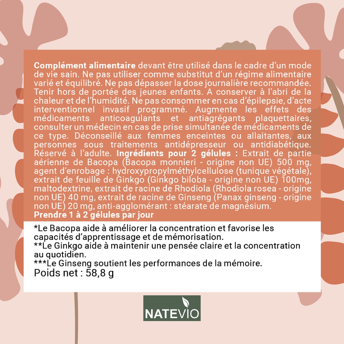 NATEMEMO Bacopa Rhodiola Gingko Ginseng